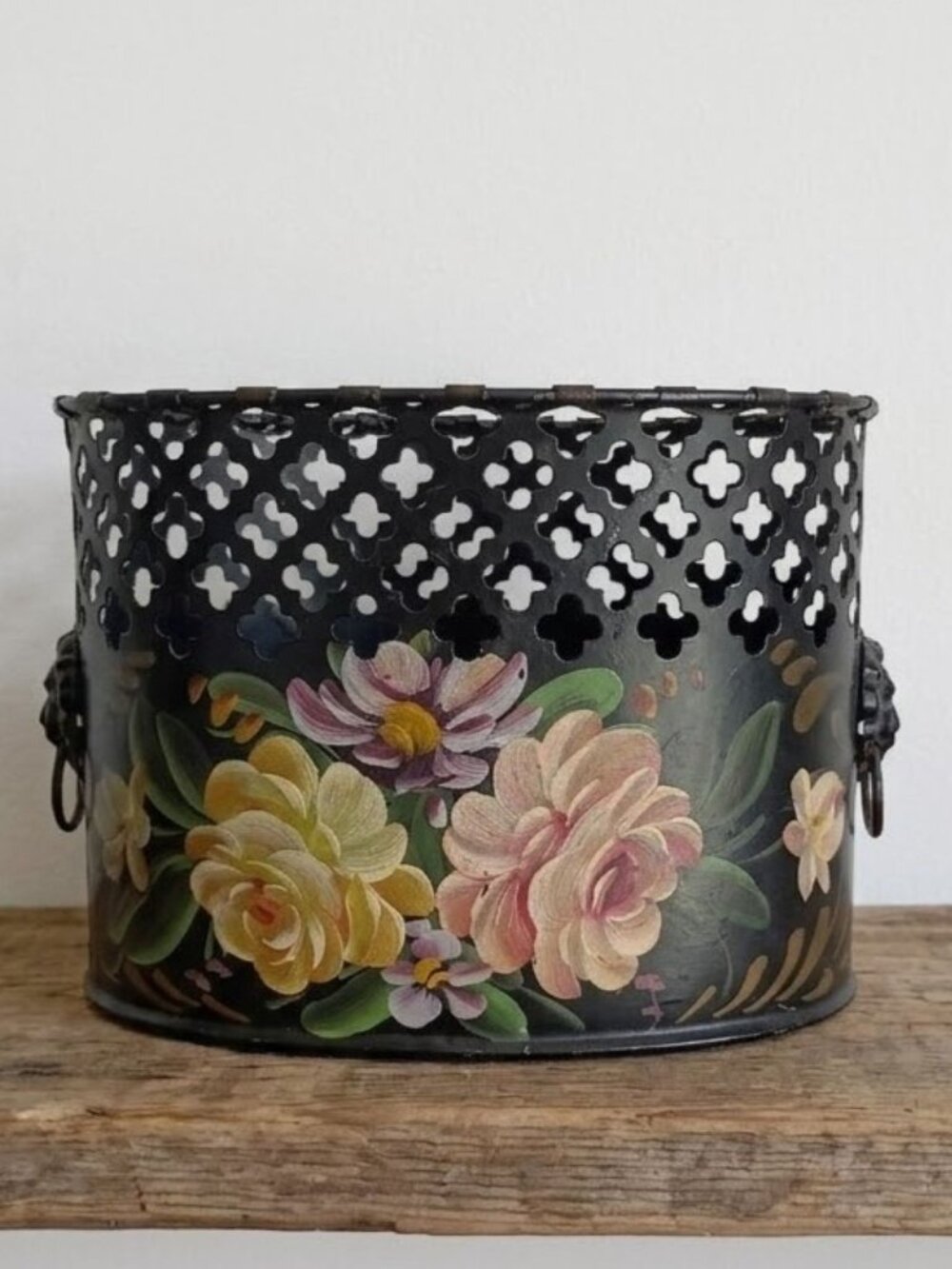 Vintage Metal Lattice Oval Planter Hand Painted Floral Roses Lion Ring Handles